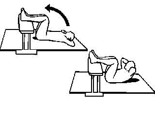 Abdominales en un banco plano con las caderas flexionadas a 90 grados y los pies apoyados en una elevación
